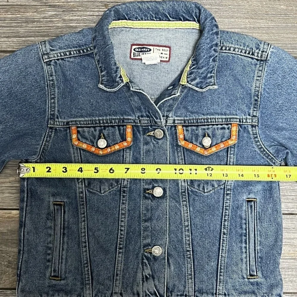 Old Navy Y2K Denim Jean Jacket Girls Size 12 Medium Embroidery Flowers 2000 Vtg